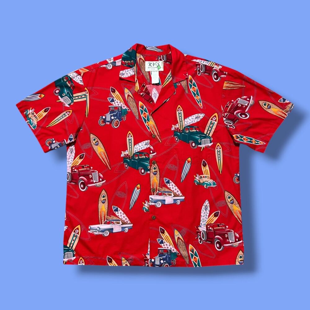 Vintage Hawaiian Shirt Surf Print Classic Car Camp Collar 90s Cotton Red Large